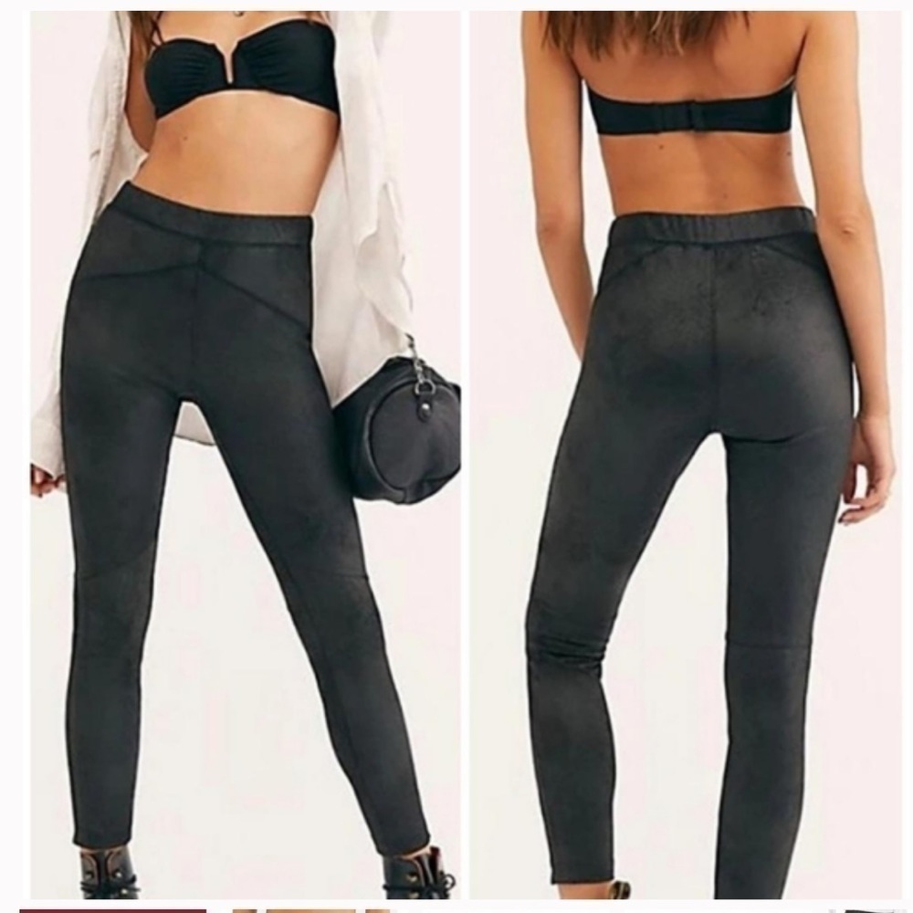 Free People‎ Carbon Vegan Suede Faux Leather Skinny Black Pants